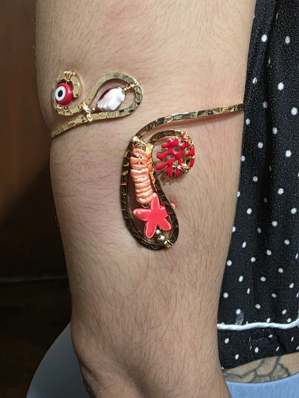 Gold Open Cuff Bracelet with Red Coral Sea Charms